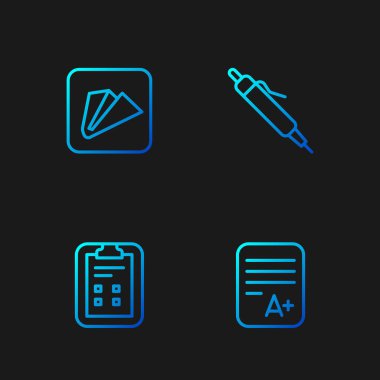 Sınav kağıdını A + notu, kontrol işareti, kağıt uçak ve kalem ile ayarla. Renk simgeleri. Vektör