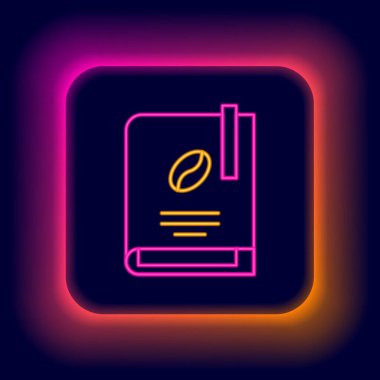 Parlayan neon hattı kahve kitabı ikonu siyah arka planda izole edildi. Renkli taslak konsepti. Vektör