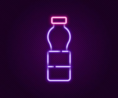 Parlayan neon hattı. Siyah arka planda izole edilmiş bir su ikonu şişesi. Soda su içme tabelası. Renkli taslak konsepti. Vektör