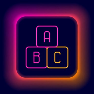 Parlayan neon hattı ABC blok simgesi siyah arkaplanda izole edildi. A, B, C harfli alfabe küpleri. Renkli taslak konsepti. Vektör