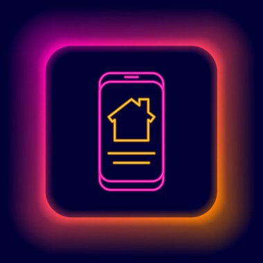 Parlayan neon hattı, siyah arka planda izole edilmiş akıllı telefon ikonundaki online emlak evi. Ev kredisi konsepti, kira, satın alma, mülk alma. Renkli taslak konsepti. Vektör