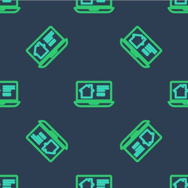 Dizüstü bilgisayar ikonundaki Line Online emlak evi mavi arka planda kusursuz desen izole etti. Ev kredisi konsepti, kira, satın alma, mülk alma. Vektör