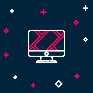 Satır Bilgisayar monitörü ve katlanmış harita mavi arkaplanda izole edilmiş konum imleci simgesi ile. Renkli taslak konsepti. Vektör