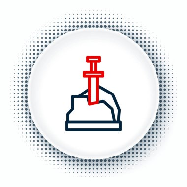 Taş simgedeki çizgi kılıcı beyaz arkaplanda izole edilmiş. Taştaki kılıç Excalibur, Arthur efsanelerinden. Renkli taslak konsepti. Vektör