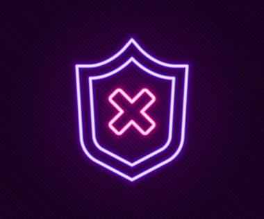 Siyah arkaplanda çapraz iz simgesi olan parlak neon hattı kalkanı. Kalkan ve reddedildi. Reddetme bildirimi. Renkli taslak konsepti. Vektör