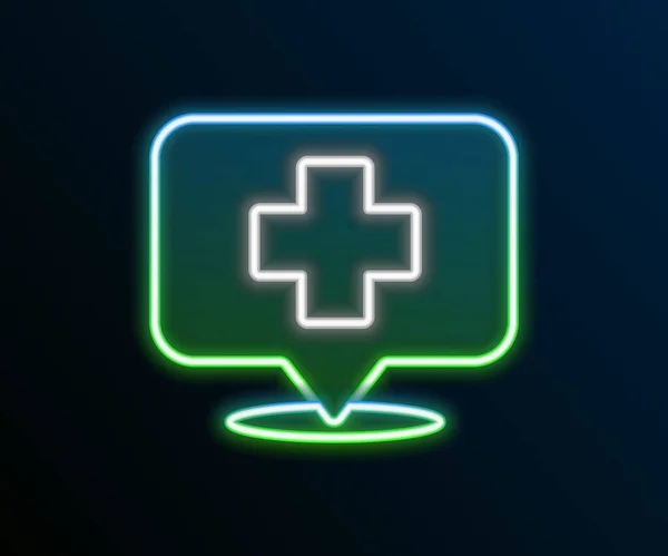Ligne lumineuse néon Pointeur de carte médicale avec icône de l'hôpital transversale isolée sur fond noir. Concept de contour coloré. Vecteur — Image vectorielle