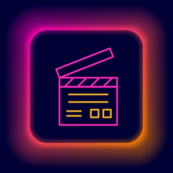 Glowing neon line Movie clapper icon isolated on black background. Film clapper board. Clapperboard sign. Cinema production or media industry. Colorful outline concept. Vector — Stock Vector