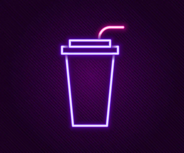 Glödande neon line Pappersglas med dricka halm och vatten ikon isolerad på svart bakgrund. Dricksglas. Färsk kall dryck symbol. Färgstarkt skisskoncept. Vektor — Stock vektor