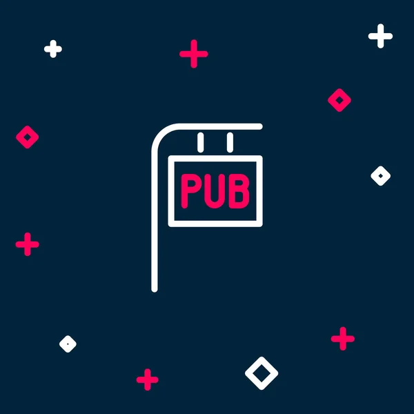 Line Street tábla felirattal Pub ikon elszigetelt kék háttérrel. Alkalmas reklámok bár, kávézó, étterem. Színes vázlat koncepció. Vektor — Stock Vector