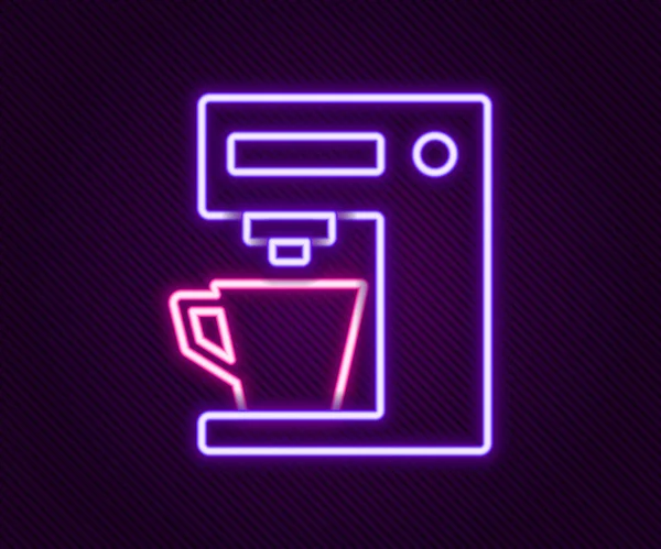 Brillante línea de neón icono de la máquina de café aislado sobre fondo negro. Concepto de esquema colorido. Vector — Vector de stock