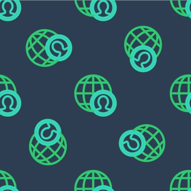 Line Globe ve insanlar ikonu mavi arka planda izole edilmiş kusursuz desen. Küresel iş sembolü. Sosyal ağ simgesi. Vektör