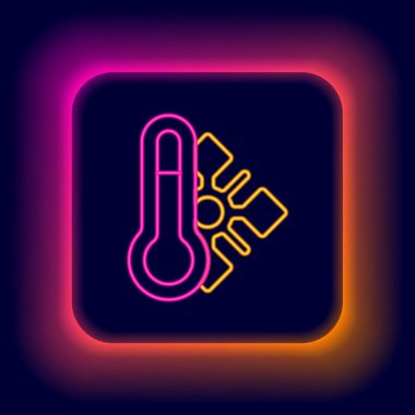 Parlayan neon hattı Meteoroloji termometresi siyah arkaplanda izole edilmiş ikonu ölçüyor. Termometre termometresi sıcak ya da soğuk hava gösteriyor. Renkli taslak konsepti. Vektör