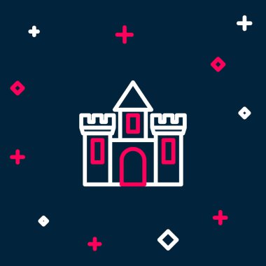 Castle çizgi simgesi mavi arkaplanda izole edildi. Kulesi olan bir ortaçağ kalesi. Düşmanlardan koruma. Şehrin güvenilirliği ve savunması. Renkli taslak konsepti. Vektör