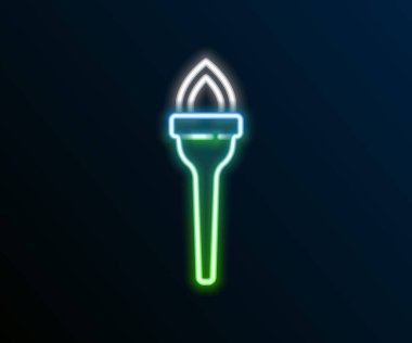 Parlayan neon hattı alev ikonu siyah arkaplanda izole edildi. Sembol ateşi sıcak, alev gücü, alev ve ısı. Renkli taslak konsepti. Vektör