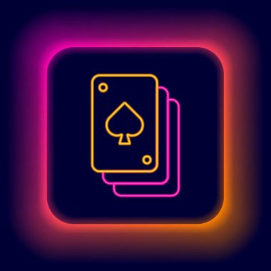 Parlayan neon hattı siyah arkaplanda izole edilmiş kart simgesi çalıyor. Kumarhane kumarı. Renkli taslak konsepti. Vektör