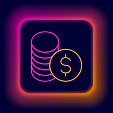 Parlak neon hattı parası ve siyah arka planda izole edilmiş dolar sembolü simgesi. Bankacılık işareti. Para sembolü. Renkli taslak konsepti. Vektör