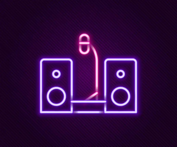 Línea de neón brillante Estéreo casero con el icono de dos altavoces aislado en el fondo negro. Sistema de música. Concepto de esquema colorido. Vector — Vector de stock