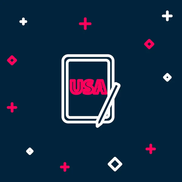 Ligne États-Unis États-Unis d'Amérique sur icône de tablette graphique isolé sur fond bleu. Concept de contour coloré. Vecteur — Image vectorielle