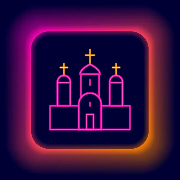 Glowing neon line Church building icon isolated on black background. Christian Church. Religion of church. Colorful outline concept. Vector — Stock Vector