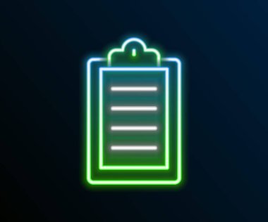 Parlayan neon hattı spor eğitim programı veya fitness planı simgesi siyah arkaplanda izole edildi. Renkli taslak konsepti. Vektör