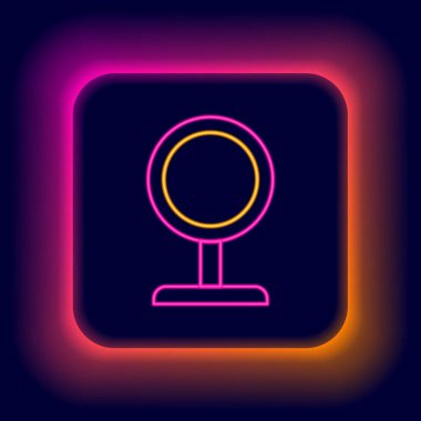 Parlayan neon çizgisi yuvarlak makyaj aynası ikonu siyah arkaplanda izole edilmiş. Renkli taslak konsepti. Vektör