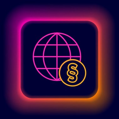 Parlayan neon hattı uluslararası hukuk simgesi siyah arka planda izole edildi. Küresel hukuk logosu. Hukuki yargı dünyası. Renkli taslak konsepti. Vektör