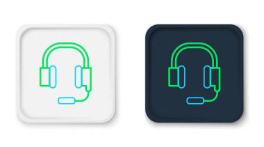 Beyaz arka planda izole edilmiş mikrofon ikonlu hat kulaklıkları. Renkli taslak konsepti. Vektör