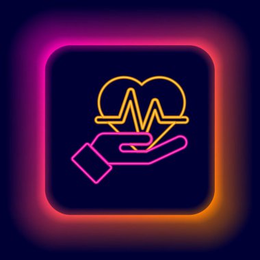 Parlayan neon çizgisi kalp atış hızı simgesi siyah arkaplanda izole edildi. Kalp atışı işareti. Kalp atışı ikonu. Kardiyogram simgesi. Renkli taslak konsepti. Vektör