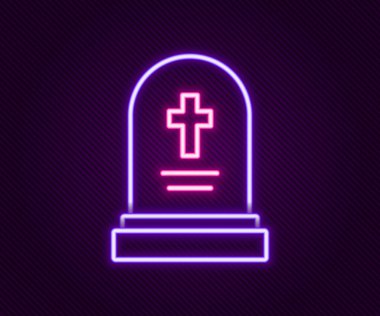 Siyah arkaplanda izole edilmiş mezar taşı simgesi ile parlayan neon hattı Grave. Renkli taslak konsepti. Vektör