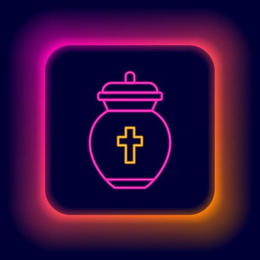 Parlayan neon hattı Cenaze Vazosu simgesi siyah arkaplanda izole edildi. Yakma ve gömme kapları, kolumbaryum vazolar, küllü kavanozlar ve kaplar. Renkli taslak konsepti. Vektör