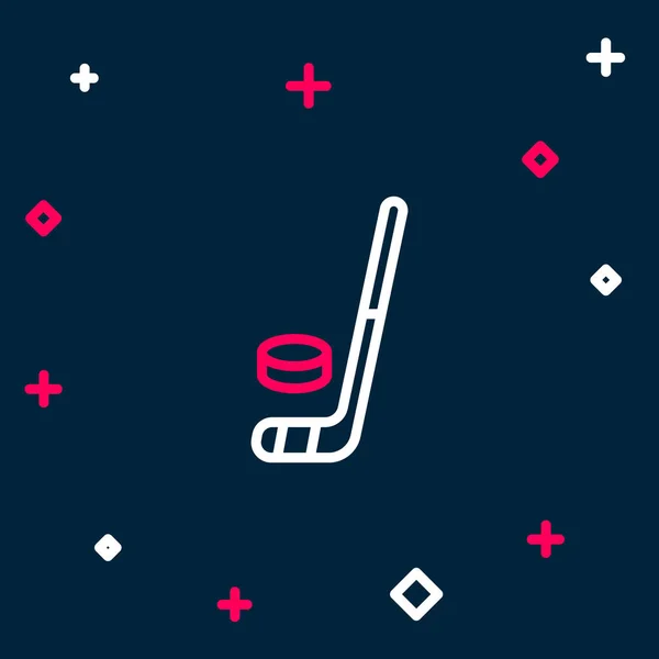Line Ishockey stick och puck ikon isolerad på blå bakgrund. Färgstarkt skisskoncept. Vektor — Stock vektor