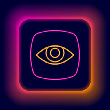 Parlayan neon hat kamera ikonu siyah arkaplanda izole edildi. Renkli taslak konsepti. Vektör