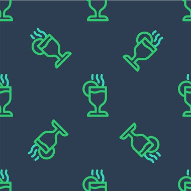 Sıcak şarap ve bir bardak içki ve malzeme ikonu mavi arka planda izole edilmiş pürüzsüz desen. Tarçın çubuğu, karanfil, limon dilimi. Vektör