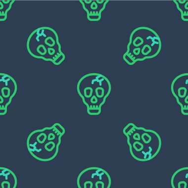 Çizgi Kurukafa simgesi mavi arka planda izole edilmiş kusursuz desen. Mutlu Cadılar Bayramı Partisi. Vektör