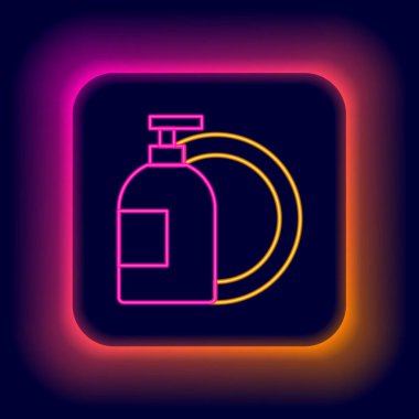 Parlayan neon hattı siyah arka planda izole edilmiş sıvı şişe ve tabak ikonu. Bulaşık yıkamak için sıvı deterjan. Renkli taslak konsepti. Vektör