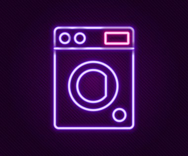 Parlayan neon hattı yıkama ikonu siyah arkaplanda izole edildi. Çamaşır makinesi simgesi. Çamaşır makinesi, çamaşır makinesi. Ev aletleri sembolü. Renkli taslak konsepti. Vektör