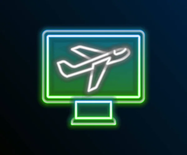 Parlayan neon çizgisi düzlem simgesi siyah arkaplanda izole edildi. Uçan uçak ikonu. Uçak tabelası. Renkli taslak konsepti. Vektör — Stok Vektör