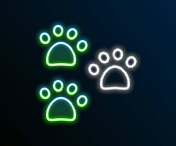 Linha de néon brilhante ícone de impressão da pata isolado no fundo preto. Impressão de pata de cão ou gato. Pista animal. Conceito de esboço colorido. Vetor —  Vetores de Stock