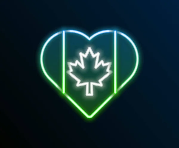 ネオンラインの輝き黒い背景に孤立したハート型のカナダの国旗アイコン。カナダのシンボルが好き。カラフルなアウトラインコンセプト。ベクトル — ストックベクタ