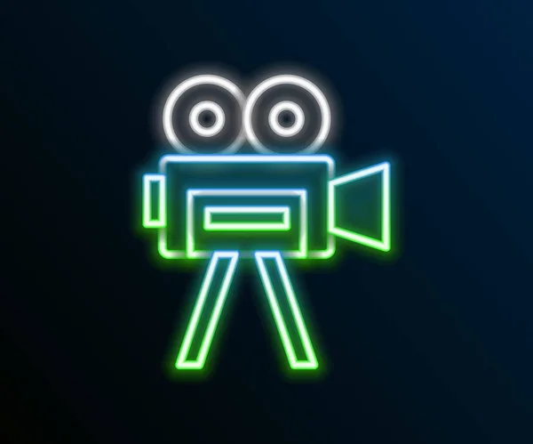 Leuchtende Neon-Line Retro-Kino-Kamera-Ikone isoliert auf schwarzem Hintergrund. Videokamera. Filmschild. Filmprojektor. Buntes Rahmenkonzept. Vektor — Stockvektor