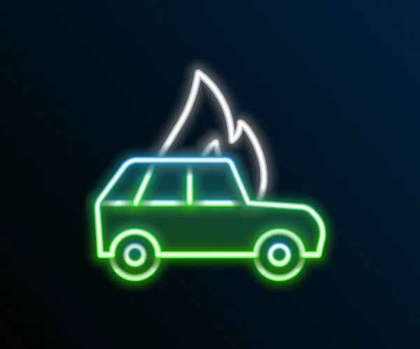 Świecąca neonowa linia Płonąca ikona samochodu odizolowana na czarnym tle. Samochód się pali. Zniszczony samochód pokryty ogniem i dymem. Kolorowy koncept. Wektor — Wektor stockowy