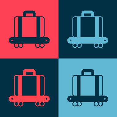 Pop Art Havalimanı taşıyıcı bandı, bavul, çanta, bavul, bagaj ikonu renkli arka planda izole edilmiş. Vektör