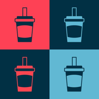 Kamış içen kağıt bardak ve renkli arka planda izole edilmiş su ikonu. Soda bardağı. Taze soğuk içecek sembolü. Vektör