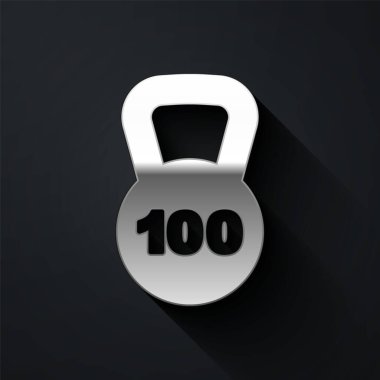 Gümüş Ağırlık simgesi siyah arkaplanda izole edildi. Kilogram ağırlık kaldırmak ve ölçmek için ağırlık bloğu. Kütle sembolü. Uzun gölge tarzı. Vektör