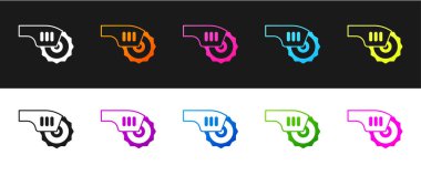 Siyah ve beyaz arka planda çelik dişli disk simgesi ile elektrikli testere ayarla. Tahta ya da metal kesmek için elektrikli el aleti. Vektör