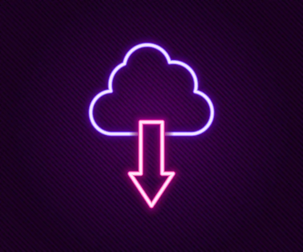 Icono de descarga de nube en línea de neón brillante aislado sobre fondo negro. Concepto de esquema colorido. Vector — Vector de stock