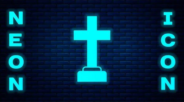 Glowing neon Man graves funeral sorrow icon isolated on brick wall background. The emotion of grief, sadness, sorrow, death. Vector — Stock Vector
