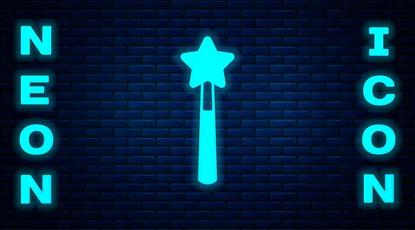 Ragyogó neon varázspálca ikon elszigetelt téglafal háttér. Csillag alakú mágikus tartozék. Varázserő. Boldog Halloween partit! Vektor — Stock Vector