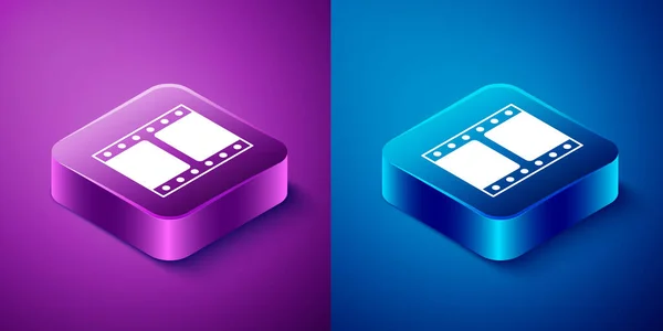 이것은 파란색 과 보라색 배경에서 분리 된 비디오 아이콘입니다. 필름 스트립 사인. 스퀘어 버튼이요. Vector — 스톡 벡터