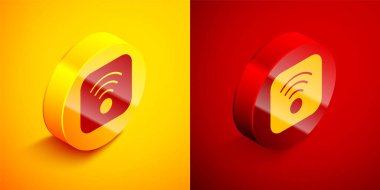 Isometric Wi-Fi kablosuz internet ağ sembolü simgesi turuncu ve kırmızı arkaplanda izole edildi. Çember düğmesi. Vektör